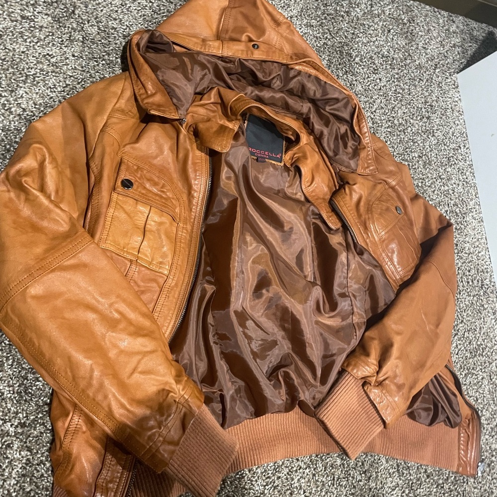 Tan Bomber Jacket with Hood and Vintage Look
